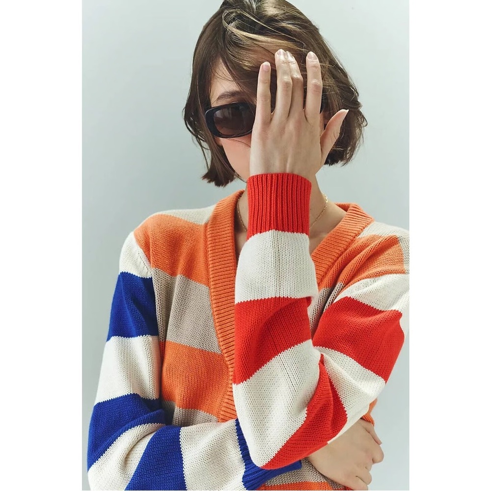 KULE Bold Striped Cardigan in Blue, Orange, and Cream